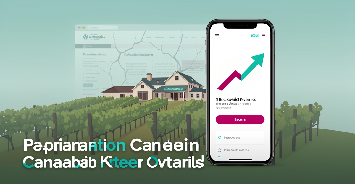 Flat illustration of a vineyard with a smartphone showing a modern mobile website, symbolizing how updated sites recover winery revenue.