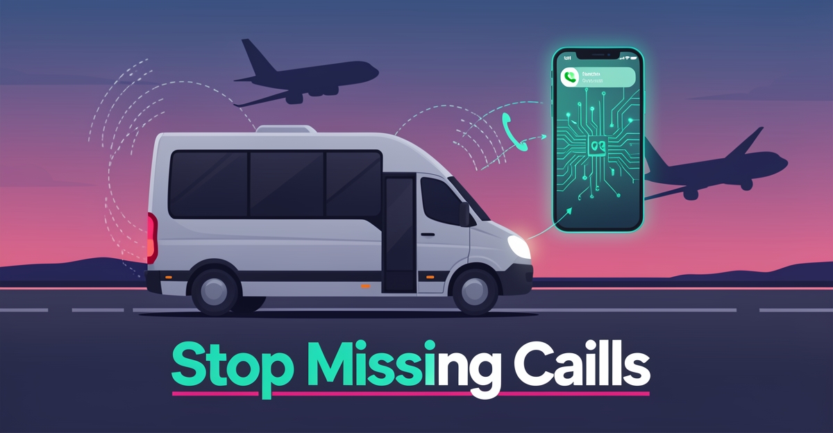 Flat illustration of an airport shuttle at dusk with a missed-call phone icon and glowing AI connection lines in teal and magenta.