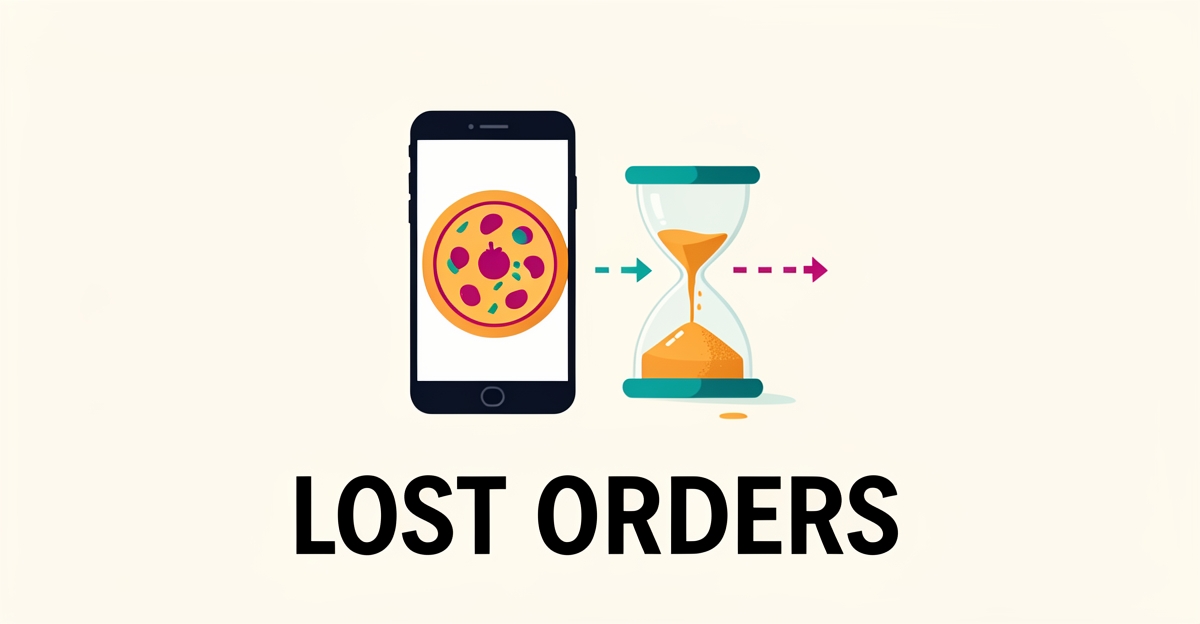 Flat illustration of a pizza order slipping away on a slow-loading phone screen with an hourglass, accented in teal and magenta.