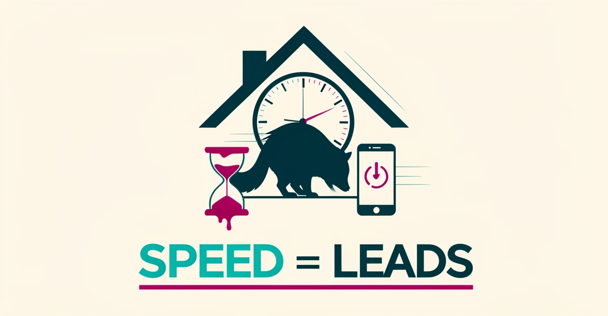 Flat illustration of a raccoon in an attic beside a clock and loading spinner, symbolizing slow websites costing animal damage repair leads.
