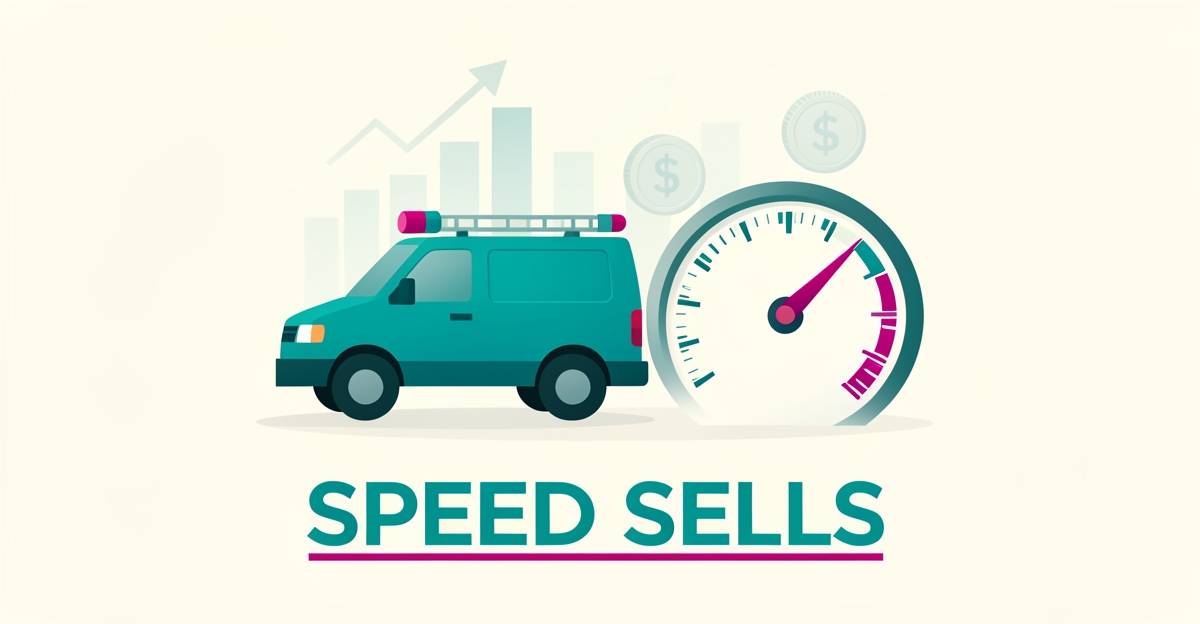 Flat illustration of a speedometer, lightning bolt, and rising revenue chart in teal and magenta, symbolizing how fast websites win electricians more jobs.