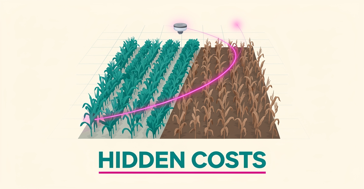 Flat illustration of a field split between healthy teal crops and wilting dry crops, with AI sensor lines highlighting hidden costs of delayed crop monitoring.