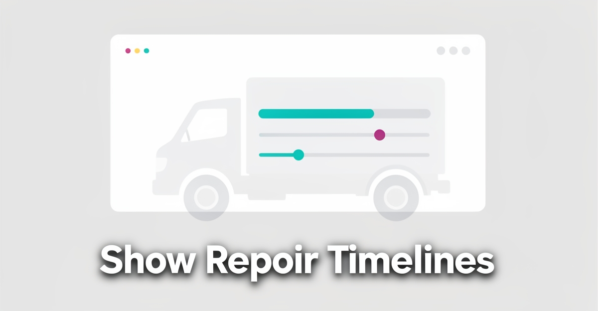 A minimalist flat illustration of a truck repair timeline dashboard with brand-colored progress bars and the headline 'Show Repair Timelines' in the lower third.