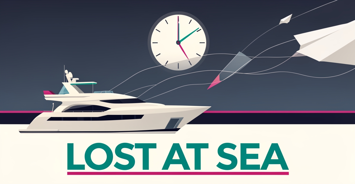 Flat illustration of a yacht marina with a dissolving clock symbolizing lost marine repair leads due to slow manual follow-up.