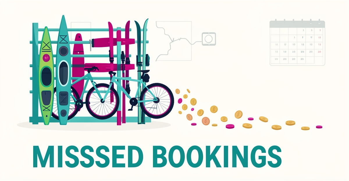 Flat illustration of sports rental gear dissolving into coins, symbolizing revenue lost to missed bookings, with a bold headline.