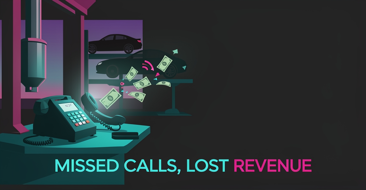 Flat illustration of an unanswered ringing phone in an auto exhaust shop with money dissolving away, symbolizing revenue lost to missed calls.