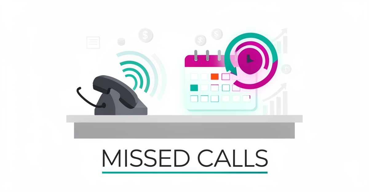 Flat illustration of an unanswered ringing phone at a recreation center desk beside an AI voice assistant symbol, with the headline Missed Calls.