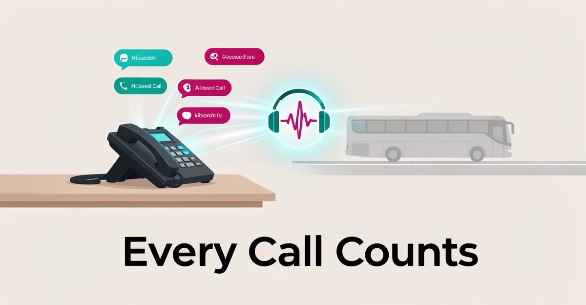 Flat illustration of missed calls drifting away from a phone while an AI assistant icon captures incoming calls, with a charter bus on the road behind.