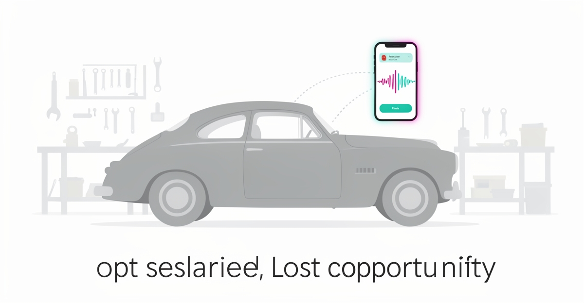 Flat illustration of a vintage car restoration shop with missed call icon showing cost of unanswered leads.