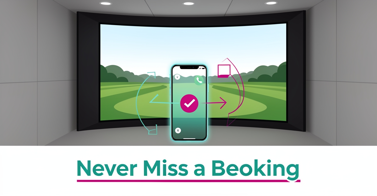 Golf simulator bay with smartphone showing AI call automation converting missed calls into confirmed bookings.