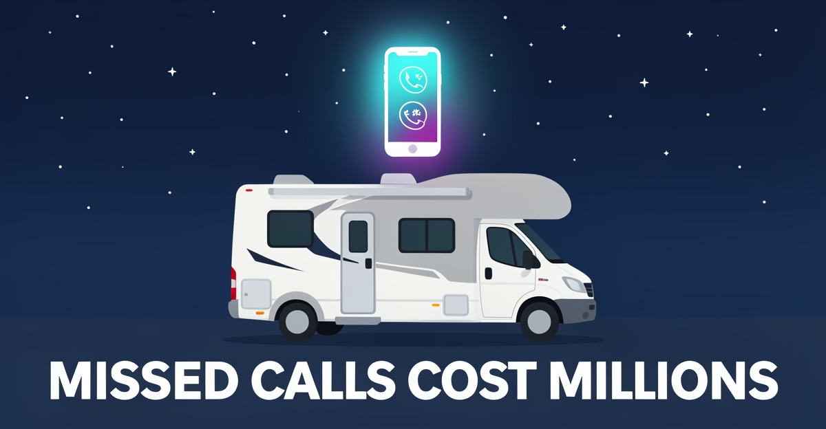 A modern flat illustration of an RV at night with a glowing phone showing missed call alerts, using brand colors to highlight the financial impact of unanswered inquiries in RV rental businesses.