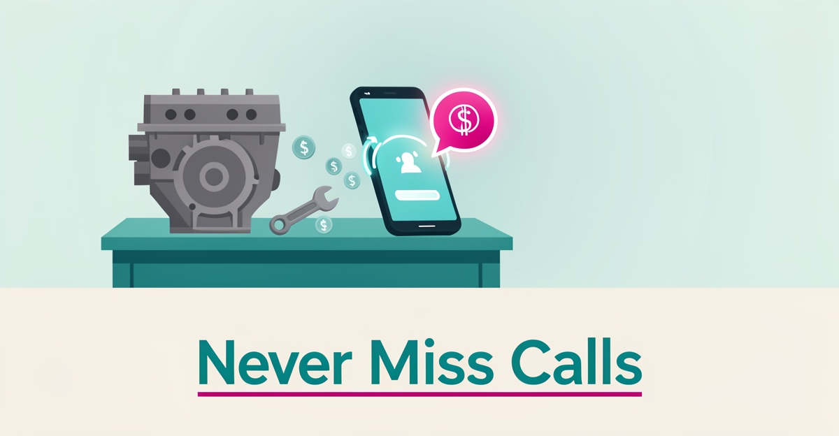 Flat illustration of an engine, wrench, and smartphone with AI assistant answering calls, headline reading Never Miss Calls.