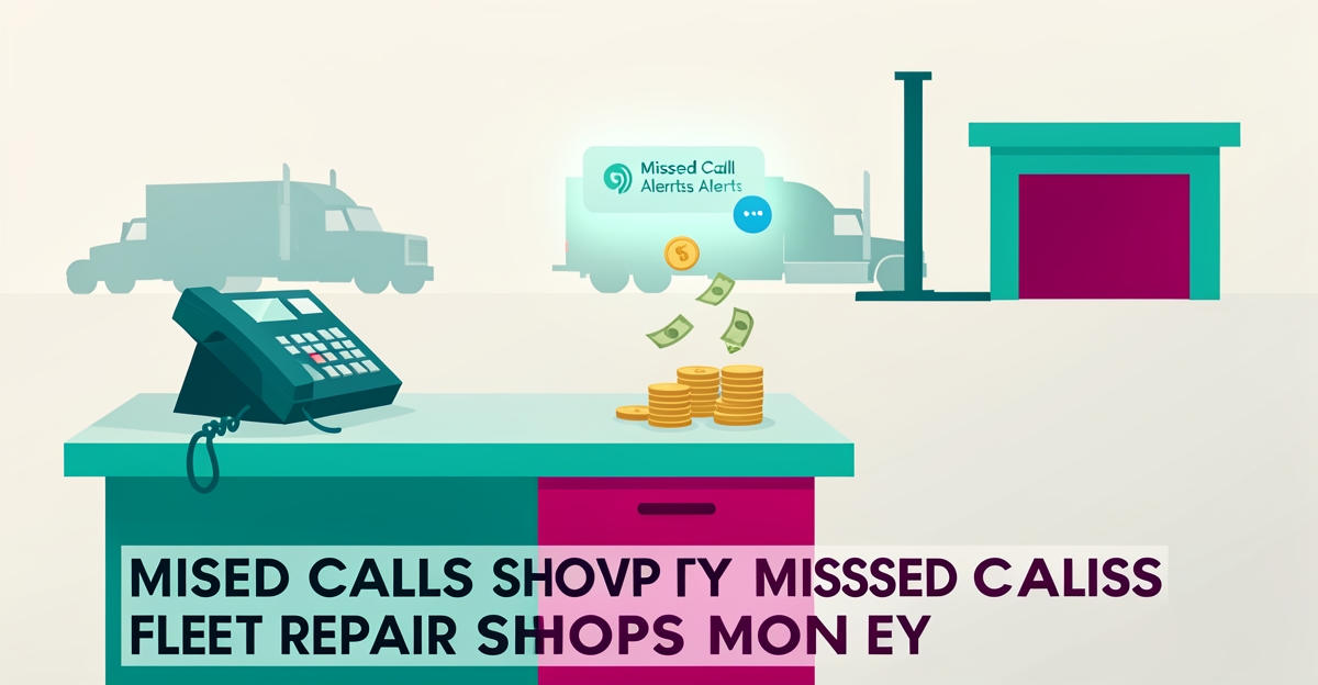 Flat illustration of a ringing desk phone at a fleet repair shop with money slipping away, symbolizing lost revenue from missed calls.