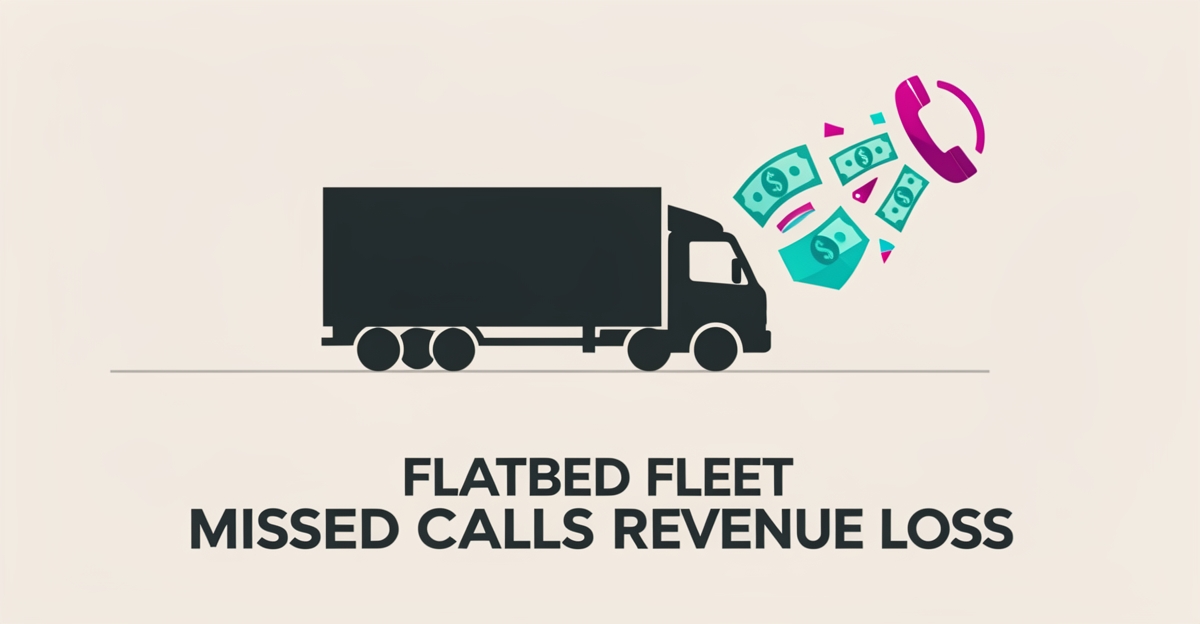 Flatbed trailer illustration showing missed calls turning into lost revenue with teal and magenta accents.