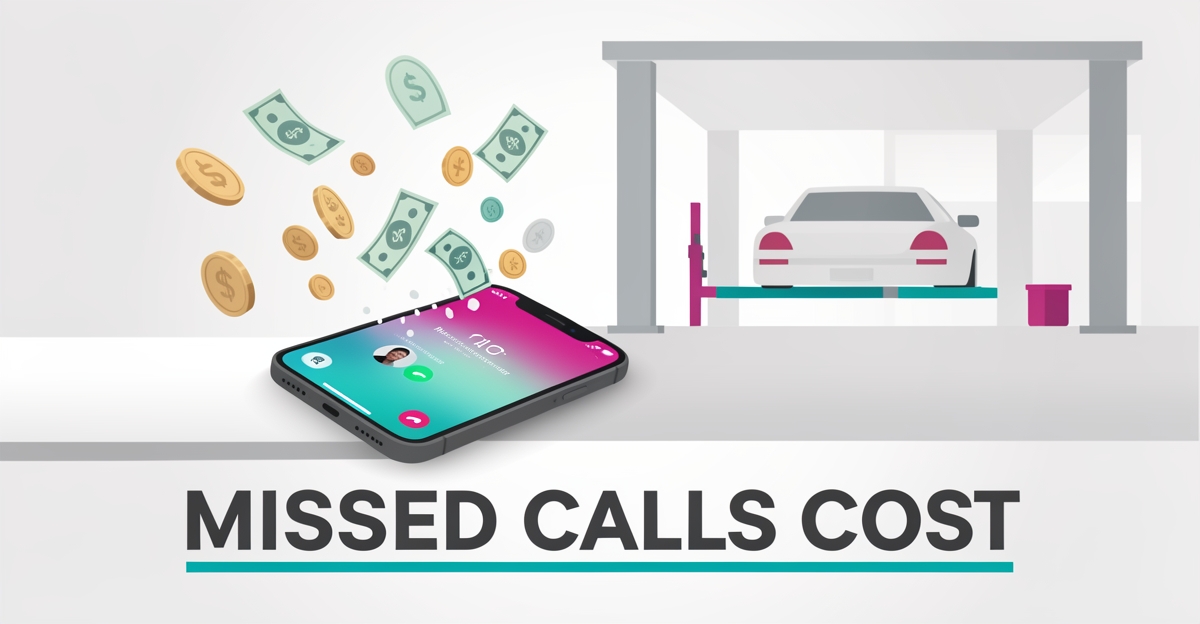 Flat illustration of a smartphone with a missed call and money floating away, symbolizing lost quick lube revenue.