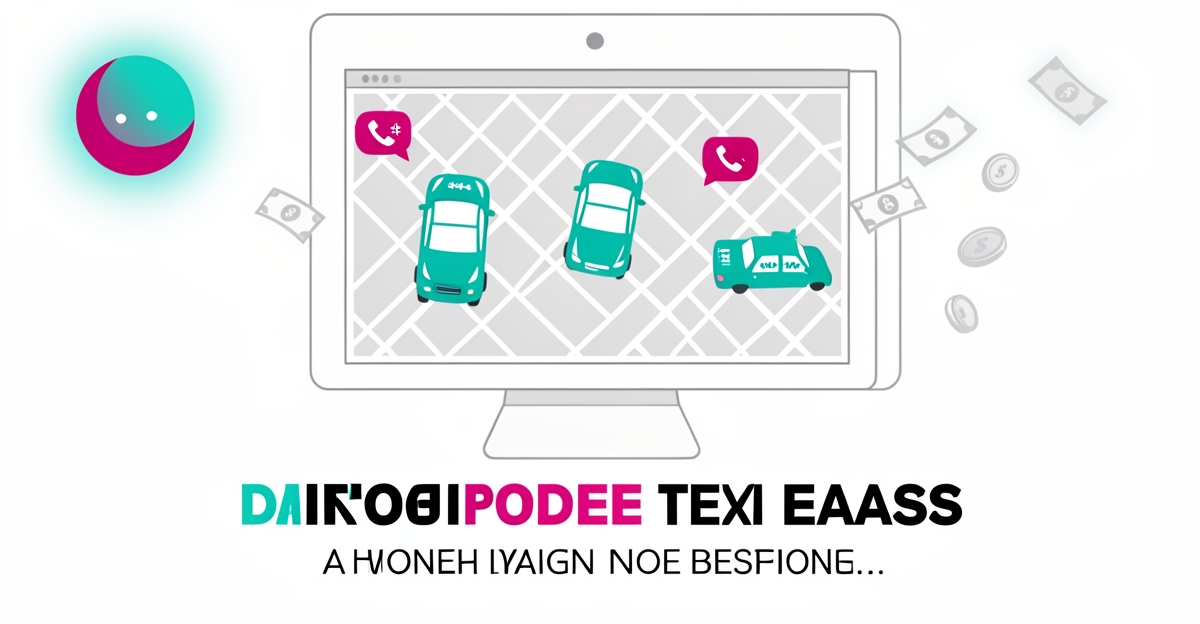 Flat illustration showing taxi dispatch map with missed call icons and falling coins suggesting revenue loss from unanswered calls.