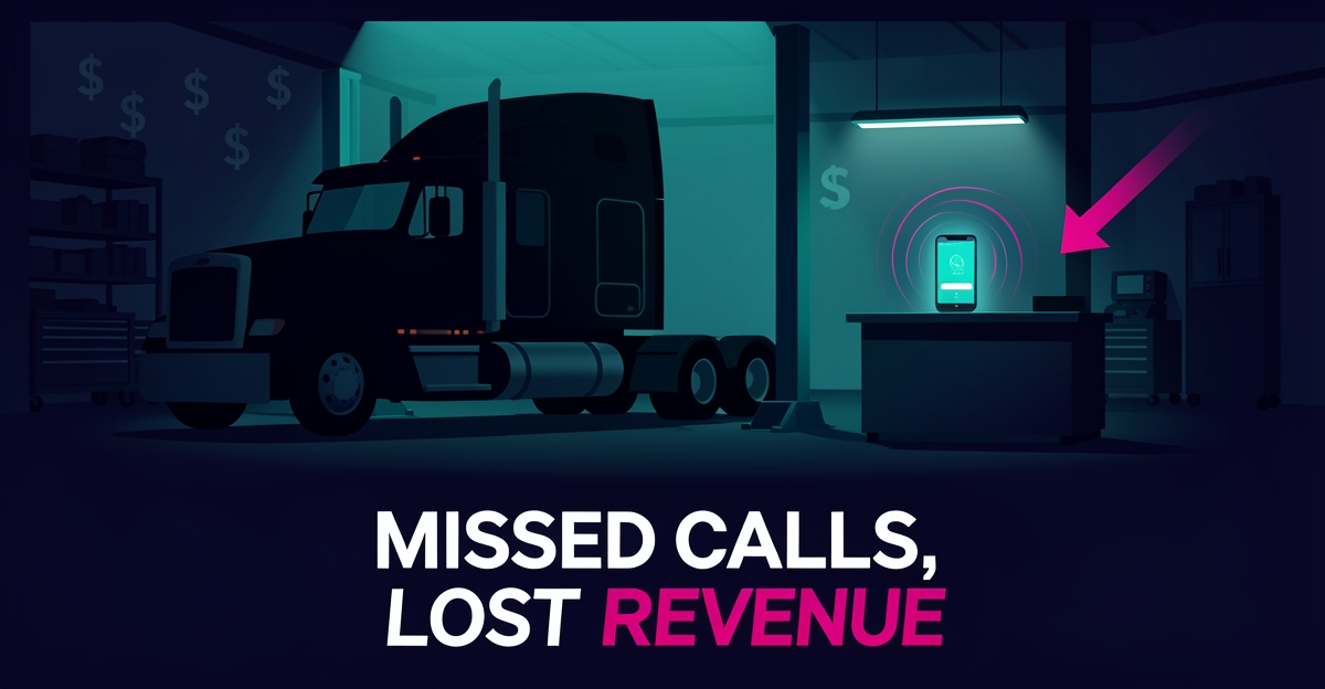 Flat illustration of a dark truck repair garage at night with a ringing unanswered phone and falling revenue symbols, headline reading Missed Calls, Lost Revenue.