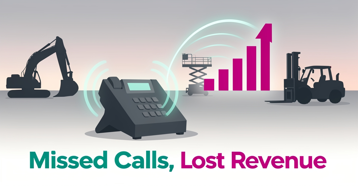 Flat illustration of an unanswered ringing phone at an equipment rental yard with a glowing AI signal turning missed calls into recovered revenue, teal and magenta accents.
