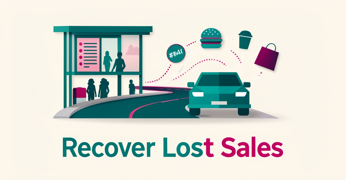 Flat illustration of a drive-thru lane with floating order icons and glowing recovery lines in teal and magenta, symbolizing AI recovering lost sales.
