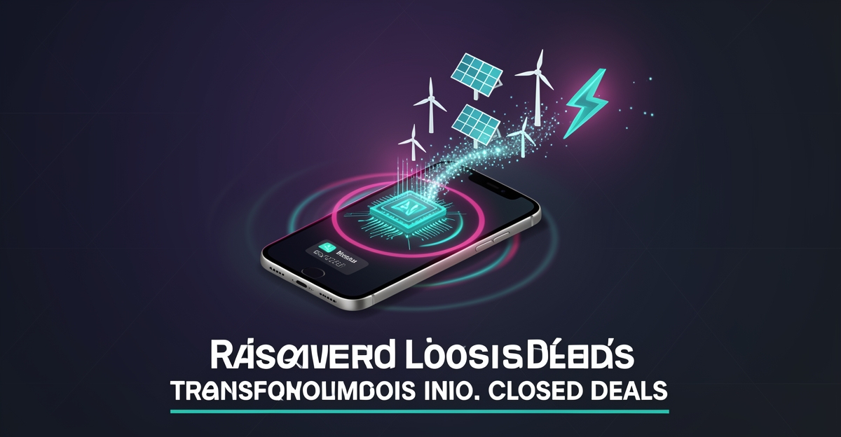 Flat illustration of a missed call transforming into recovered energy leads through an AI core, accented in teal and magenta.