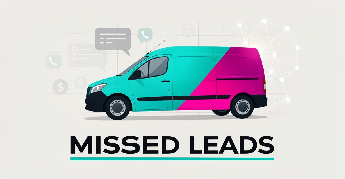 Flat illustration of a gradient-wrapped van with fading notification icons symbolizing missed leads and AI-driven lead recovery.