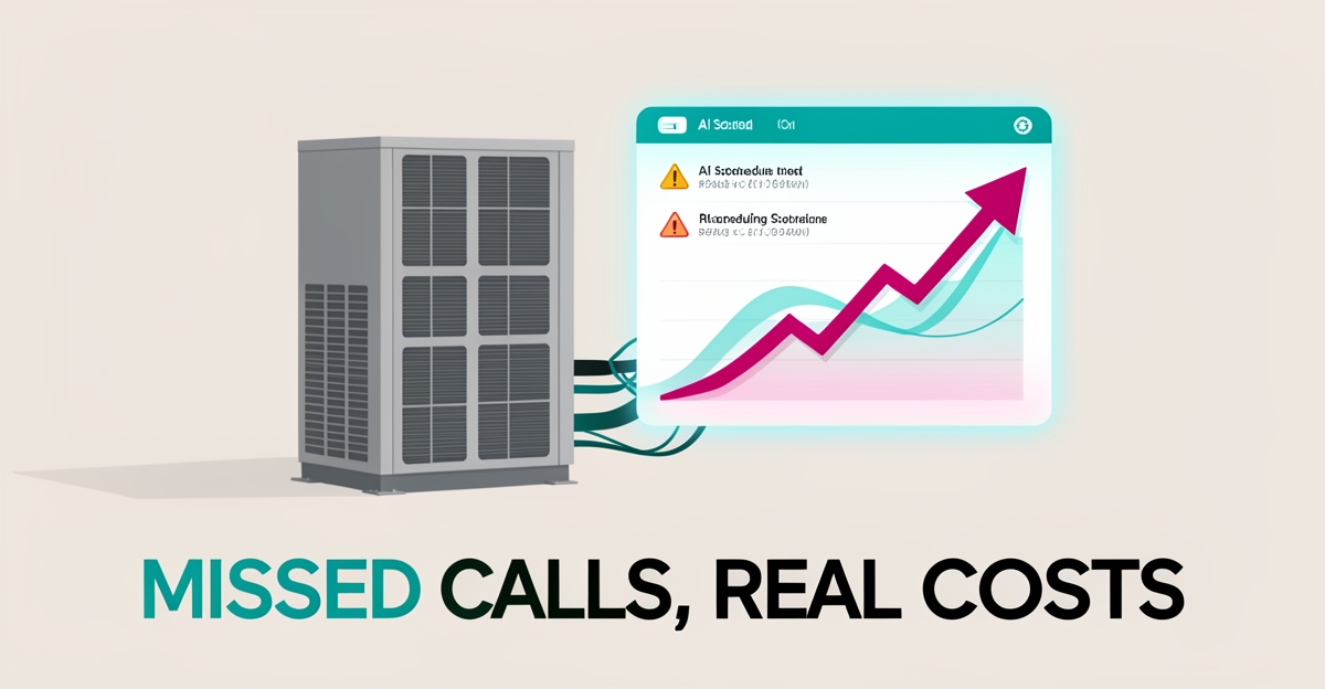 Flat illustration of AI-powered maintenance scheduling with cost and revenue graphs in teal and magenta, highlighting the financial impact of missed service calls.