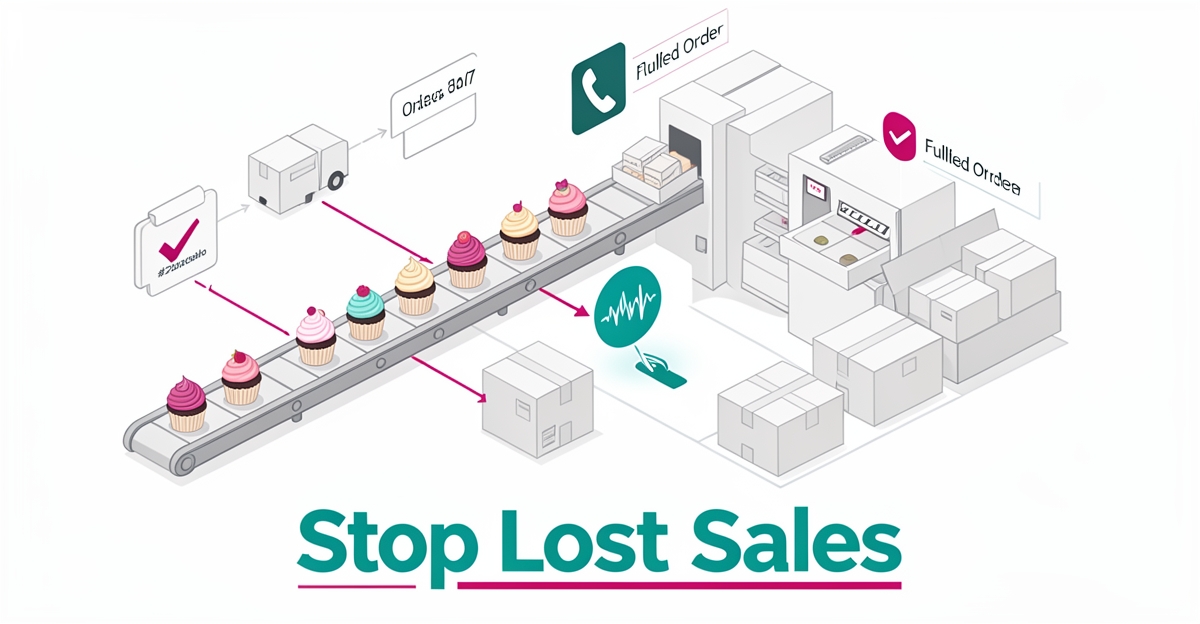 Flat illustration of cupcake order flow with AI waveform capturing missed calls, brand teal and magenta accents, headline Stop Lost Sales.