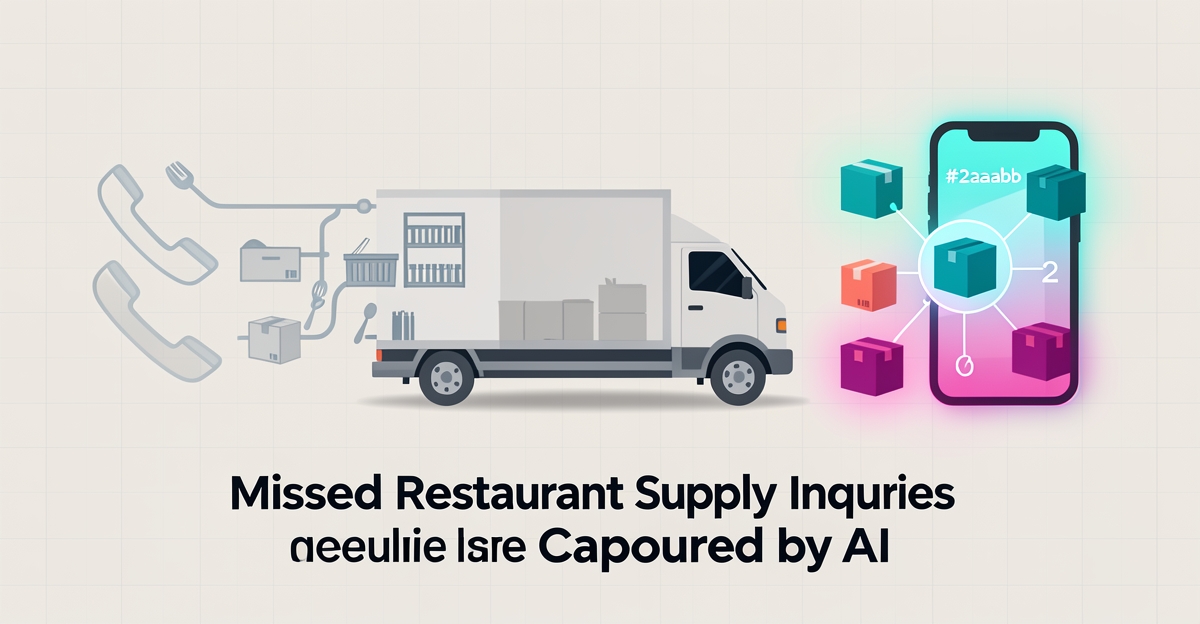 Flat illustration showing AI capturing missed restaurant supply calls to prevent revenue loss with brand accent colors.
