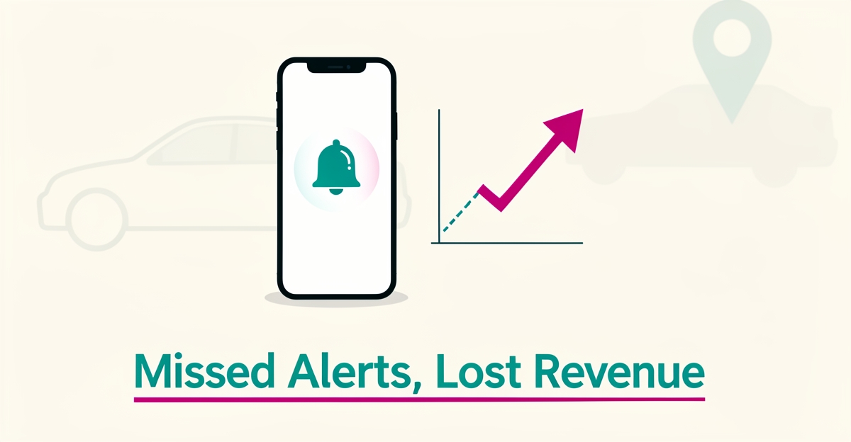 Flat illustration of a missed ride alert notification beside a rising revenue graph in teal and magenta brand colors.