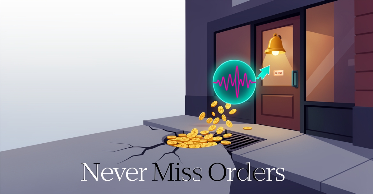 Flat illustration of a restaurant with an AI voice orb catching lost revenue coins, headlined Never Miss Orders.