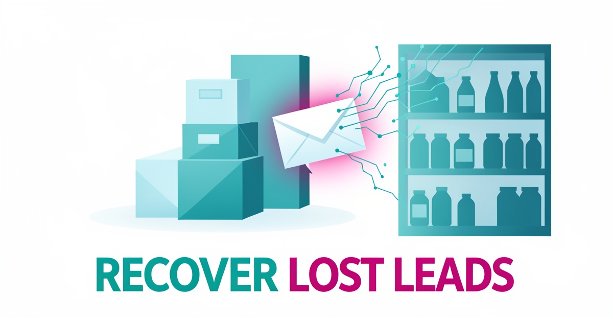 Flat illustration of a missed grocery inquiry envelope being recovered by an AI network, with headline Recover Lost Leads.