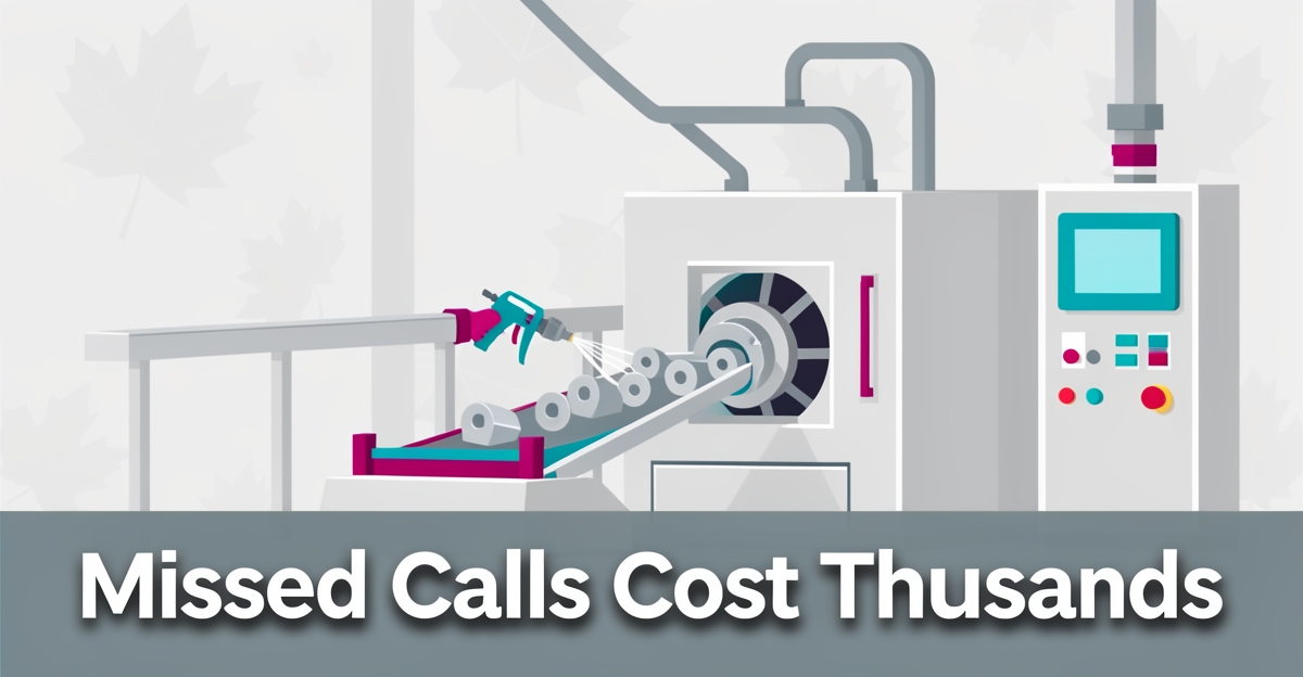 A minimalist flat illustration of a powder coating production line with brand-colored accents, showing automated equipment and a headline about lost revenue from missed calls in Nova Scotia's peak season.