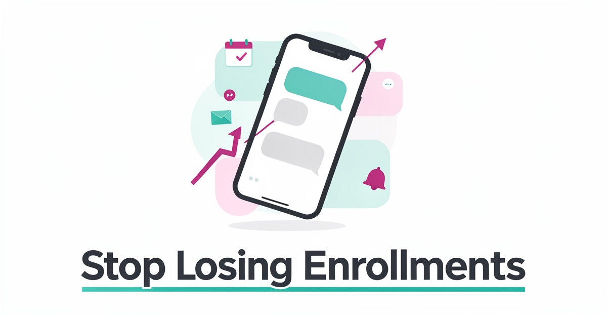 Flat illustration of a smartphone with AI chat messages, calendar, and notification icons showing how automated follow-up converts parent inquiries into enrollments.