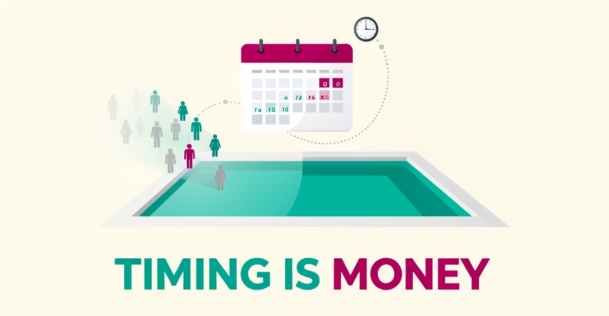Flat illustration of a pool with calendar and clock showing how seasonal timeline pages convert visitors into leads.