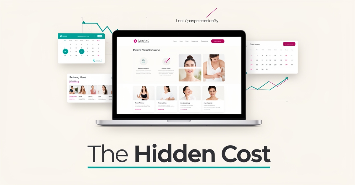 Flat illustration of a cosmetic clinic website with recovery timelines, before/after gallery, and procedure details, accented in teal and magenta.