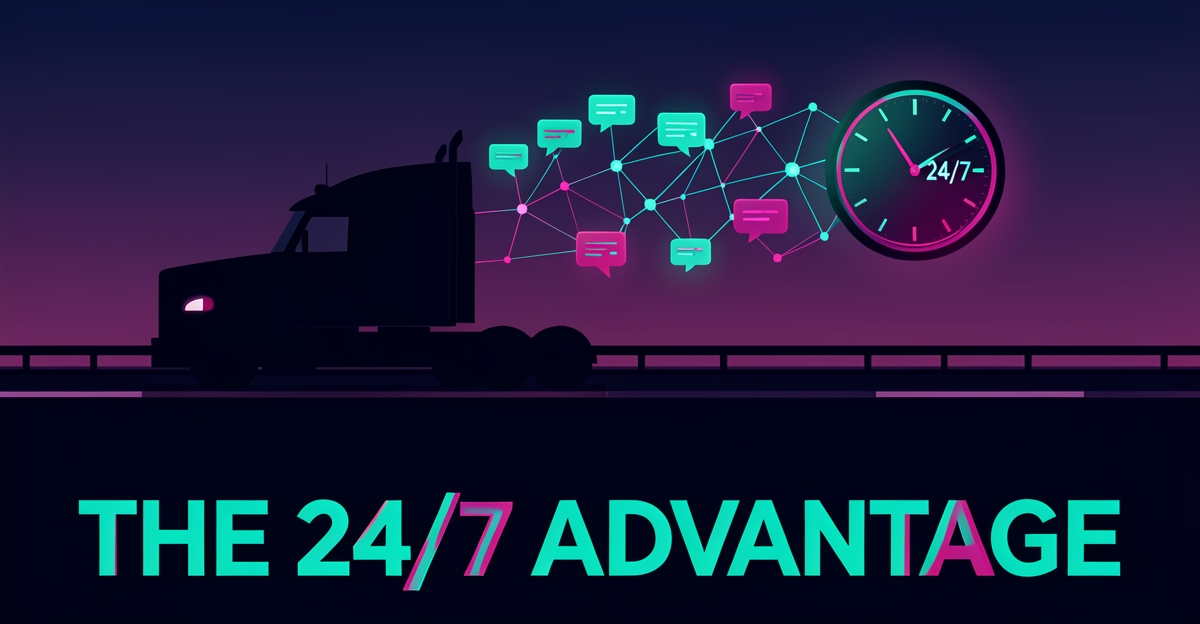 Flat illustration of a semi-truck on a highway connected to glowing AI chat and 24/7 clock icons in teal and magenta, symbolizing round-the-clock AI customer service in trucking.