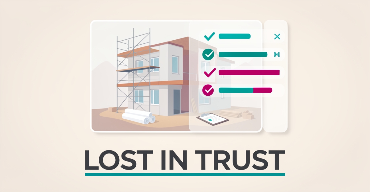 Flat illustration of a construction site with a transparent progress dashboard overlay, symbolizing build-phase visibility, with the headline Lost in Trust.