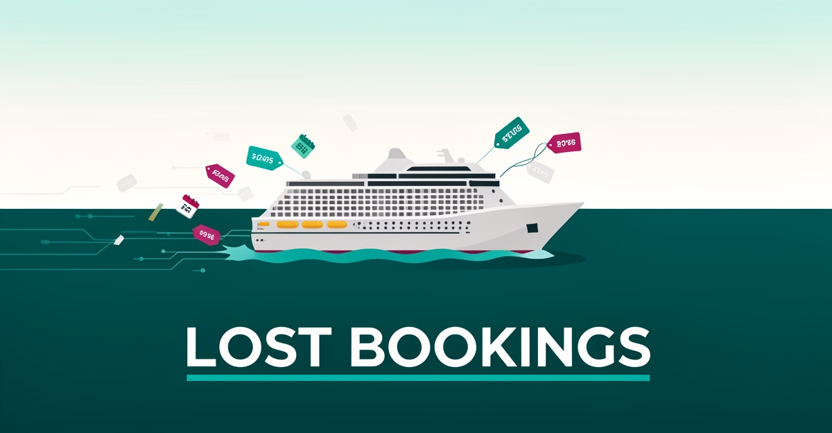 Flat illustration of a cruise ship with live data streams in teal and broken outdated price tags in magenta, headlined Lost Bookings.