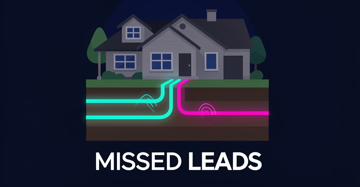 Flat illustration of a house at night with glowing underground gas and cable lines being detected, accented in teal and magenta, with the headline MISSED LEADS.