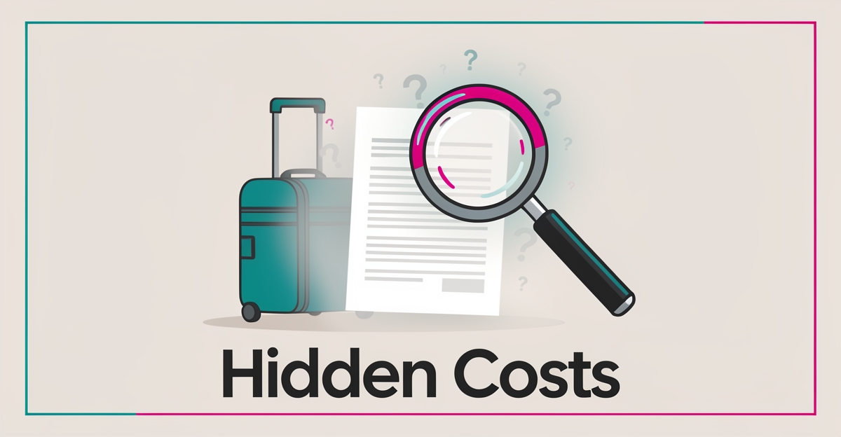 Flat illustration of a suitcase and magnifying glass over a foggy insurance policy symbolizing hidden travel insurance exclusions.