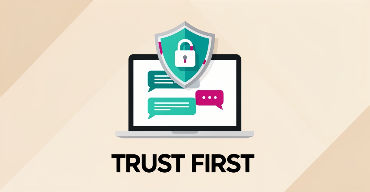 Flat illustration of a shield and padlock over a laptop chat interface, symbolizing AI-powered privacy responses, with teal and magenta accents.