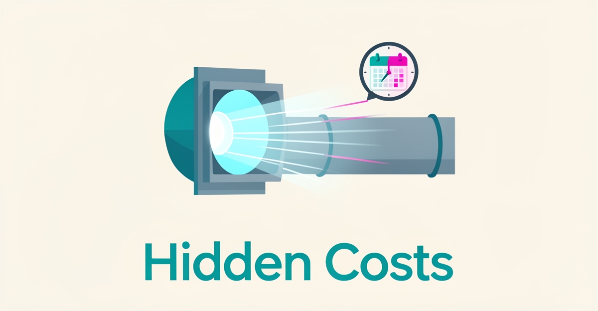Flat illustration of an air duct vent with clean airflow and a clock symbolizing transparent turnaround times, accented in teal and magenta.