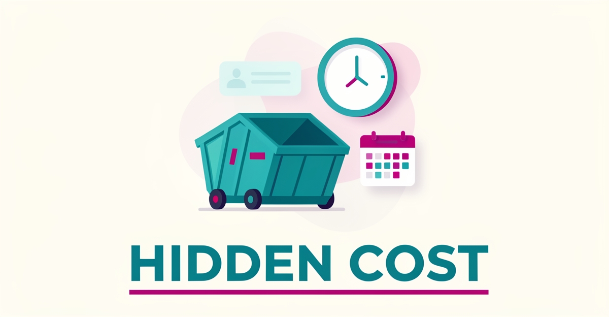 Flat illustration of a teal dumpster with a clock and calendar icons symbolizing missed pickup and drop-off scheduling, headlined Hidden Cost.