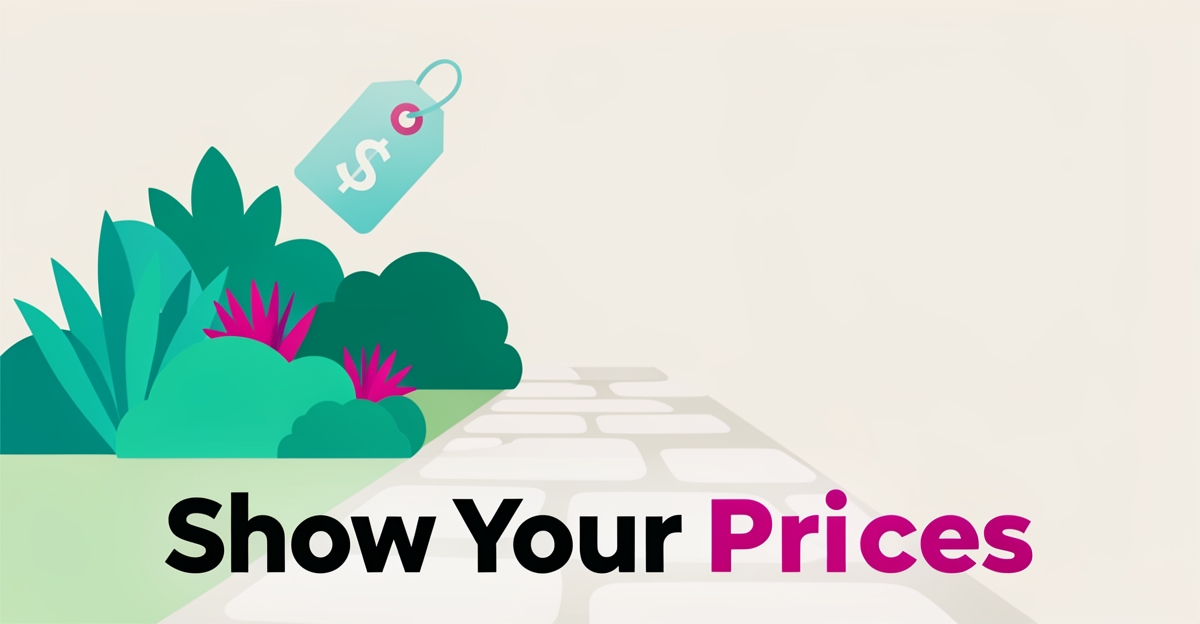 Flat illustration of a landscaped garden with a price tag icon, emphasizing transparent pricing for landscaping services.