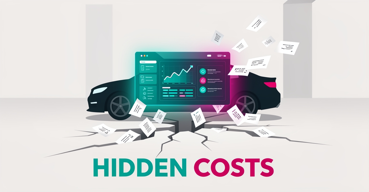 Flat illustration of a car dealership with dissolving lead forms and a glowing dashboard catching them, accented in teal and magenta, titled Hidden Costs.