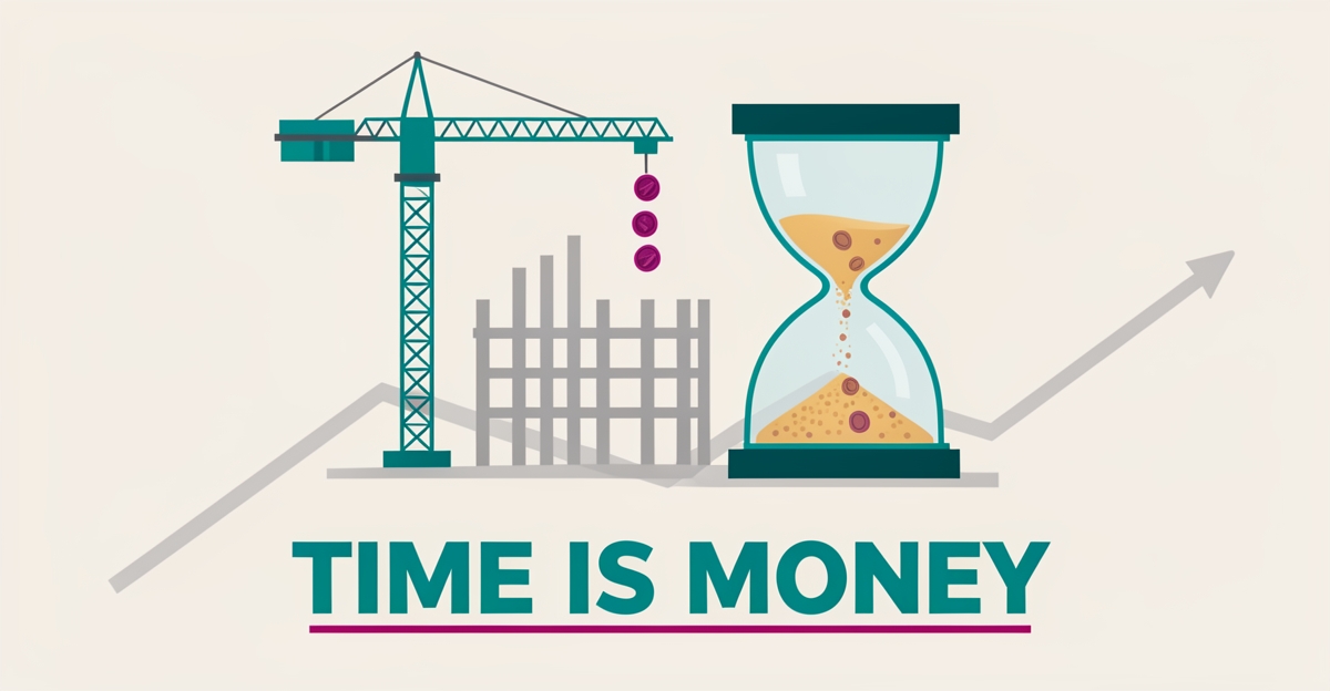 Flat illustration of a construction crane and draining hourglass with coins falling, symbolizing schedule delays eroding profit margins.