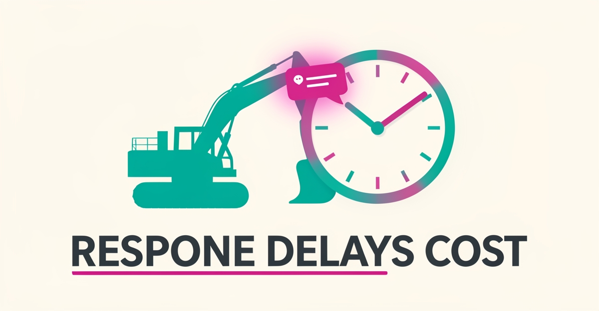 Flat illustration of a mining excavator beside a slipping clock and a glowing chat bubble, symbolizing how slow response times cost mining suppliers sales.