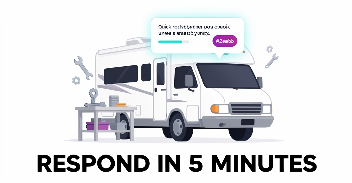 Flat illustration of an RV under a workbench with AI chat interface showing instant response, using brand colors #2aabb6 and #d946ef as accents, symbolizing fast lead conversion for RV repair businesses