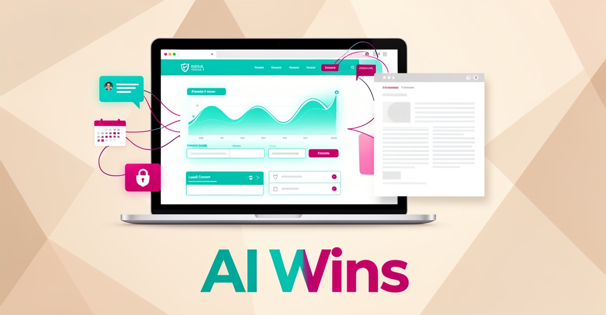 Flat illustration of a therapy website on a laptop with compliance shield and analytics, headline reading AI Wins.