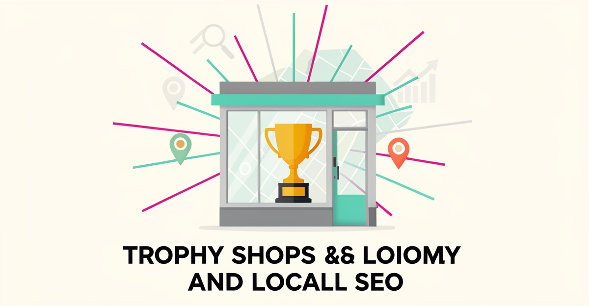Flat illustration of a trophy shop storefront with location pins and a neighborhood map in teal and magenta, symbolizing local SEO success.